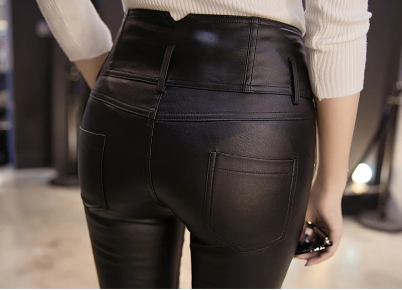 Single-breasted Stretch Fleece Winter Pants Women PU Warm Female Pencil Velvet Trousers Skinny Leather Pants