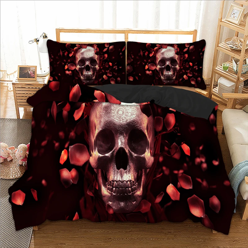 

Red / Black Skull printed Twin Full Queen King sizes Bedding Set for comforter Petal Duvet Cover set Halloween bed linens set