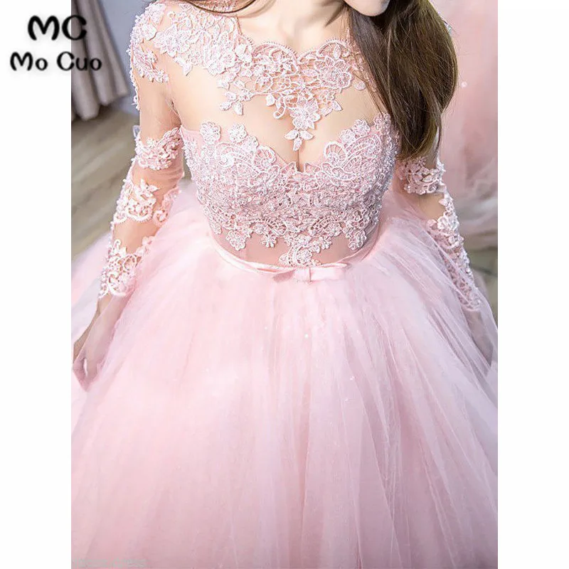 Ball Gown Jewel Long Sleeves Sweep Brush Train Lace Tulle Dresses44
