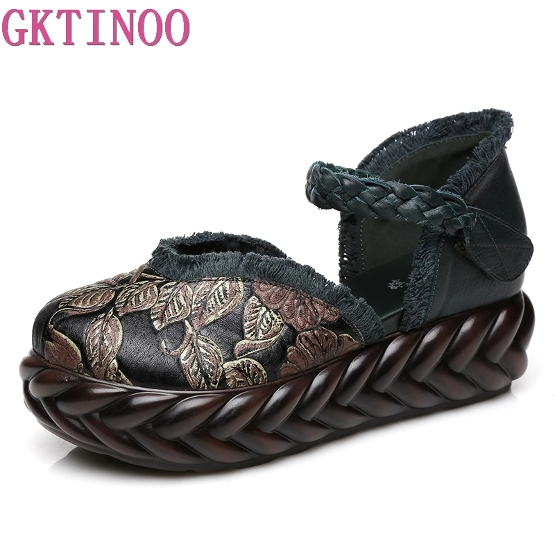 GKTINOO/ г., весенняя обувь ручной работы женские туфли-лодочки на танкетке женская повседневная обувь из натуральной кожи с цветочной вышивкой высокий каблук
