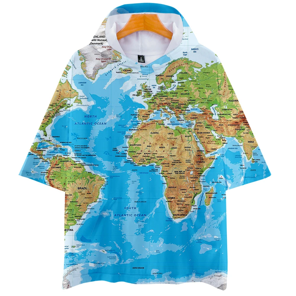 

Leisure HIP HOP WORLD MAP Style 3D Leisure short-sleeved Hoodie Sweatshirt Summer Trend Short Sleeve Sweatshirt