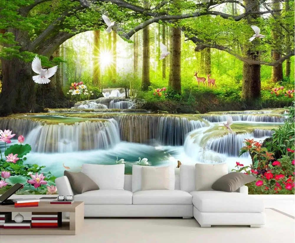 Beibehang Custom Wallpaper Simple Casual Green Tree Forest Waterfall Landscape Tool Tv Background Wall Decoration 3d Wallpaper Wallpapers Aliexpress