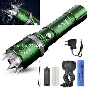

Green Tactical Torch Riding Strong Light Flashlight Rechargeable LED Zoomable Self Defending With Safety Hammer
