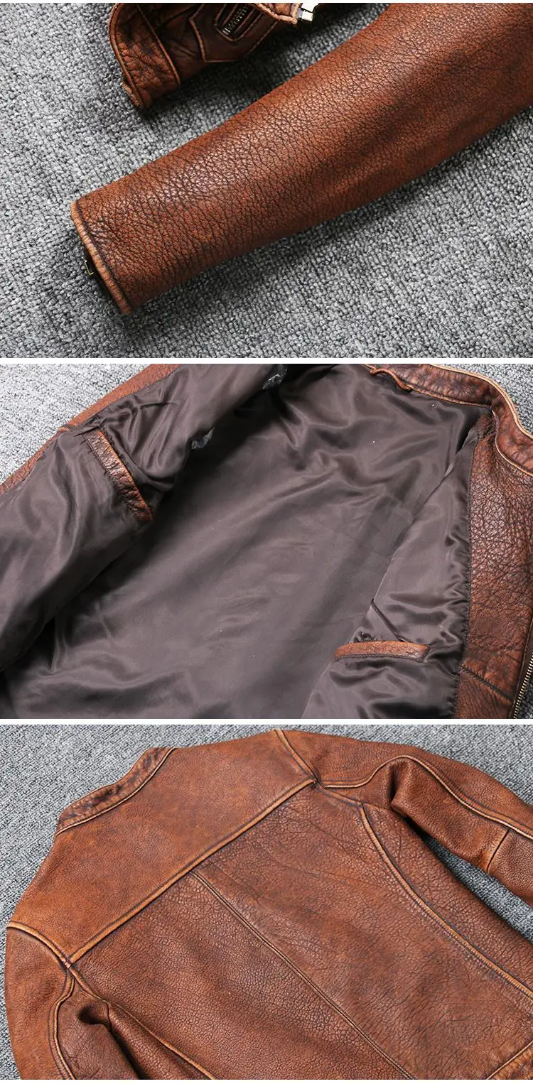 Мужская винтажная куртка из коровьей кожи со стоячим воротником, мужская кожаная куртка коричневого цвета, простой стиль, байкерская куртка для мужчин