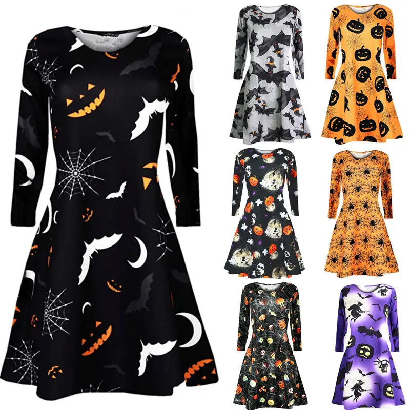 Ladies Pumpkin Scary Bats Skulls Smock Skater Dress Womens Halloween Swing Dress 