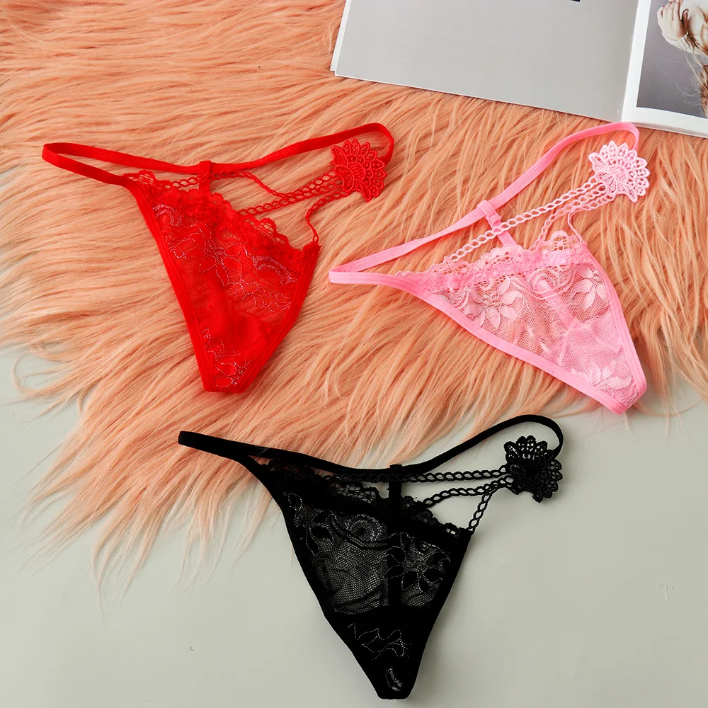 

Women New Arrival Lingerie Sexy Lace Flowers Panties Low Waist G-string Transparent T-back Briefs Underwear Underpants