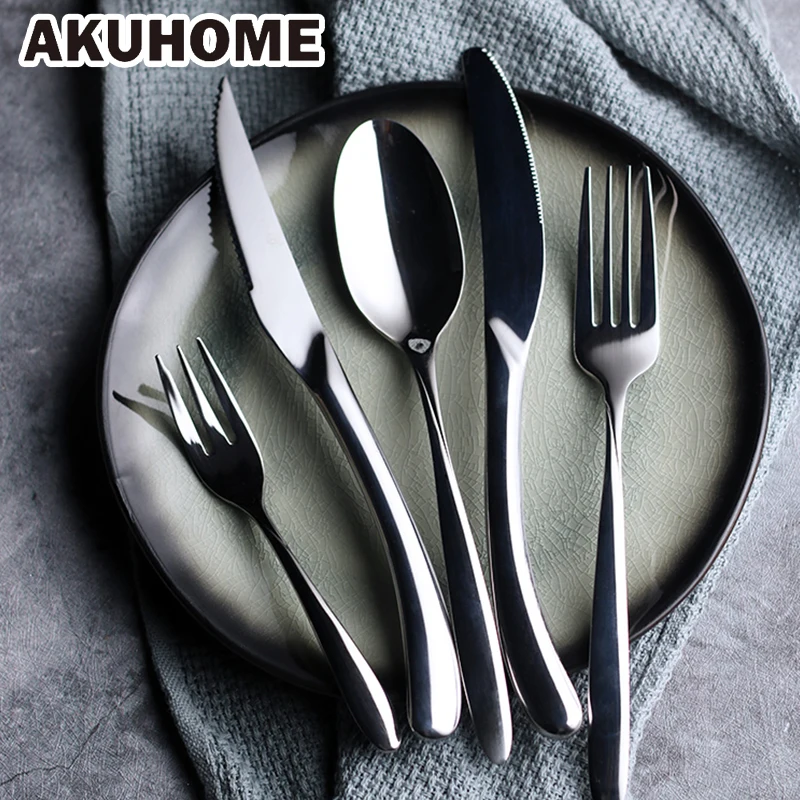 

European Style Cutlery Black Knife Fork Steak Knife Cake Fork Tableware Sets AKUHOME