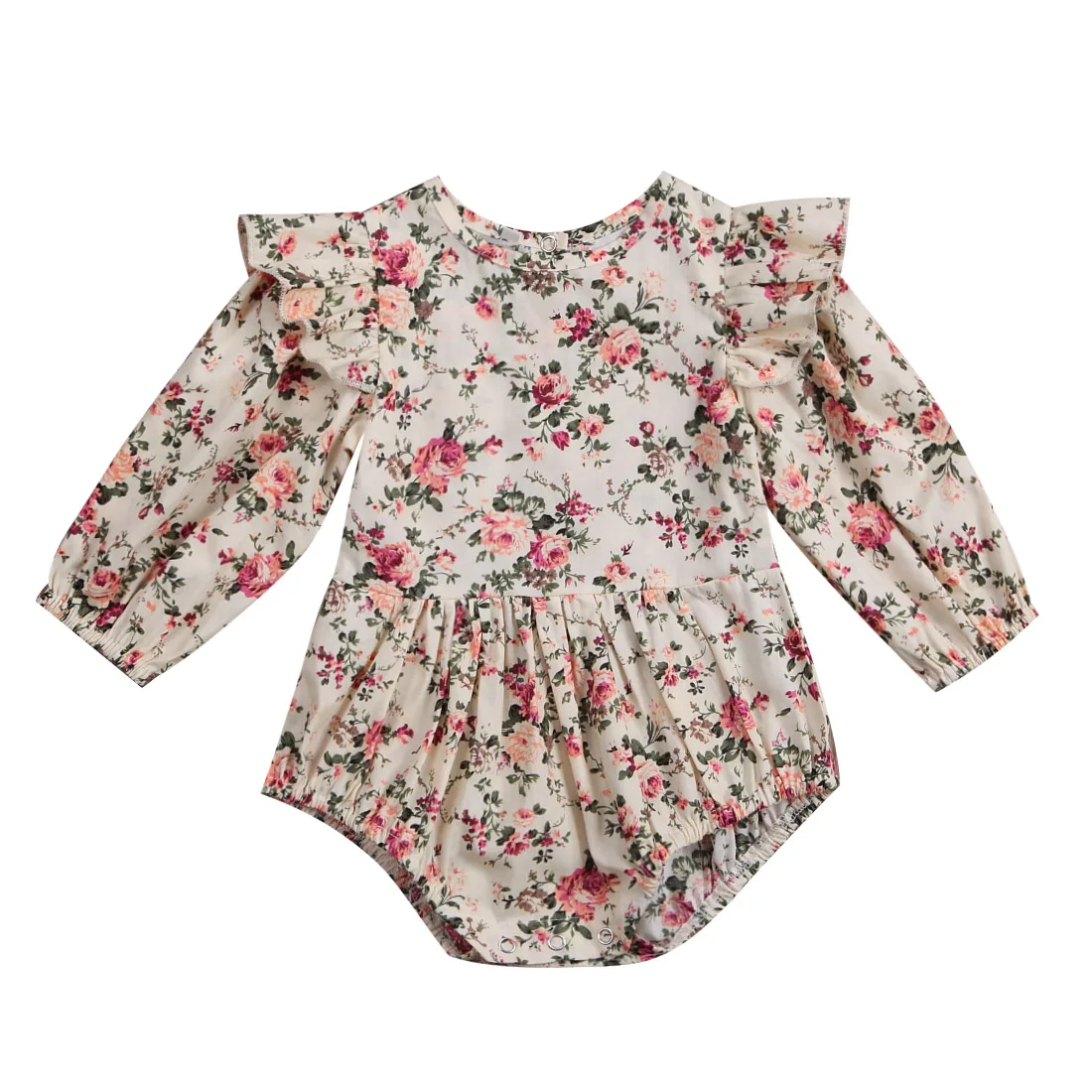 

2019 Infant Toddler Baby Girls Vintage Ruffle Floral Printed Long Sleeve Romper O Neck Fly Sleeve Bodysuit Sweet Jumpsuit Outfit
