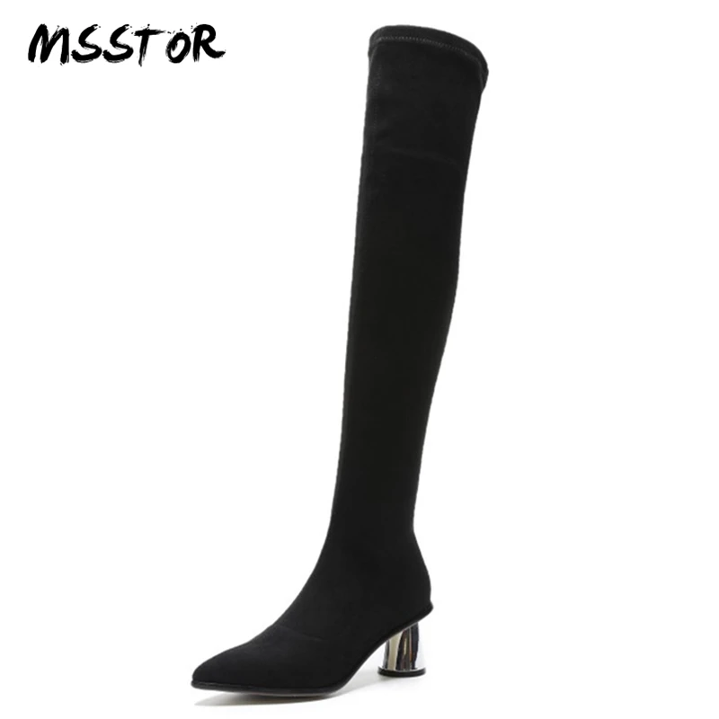 

MSSTOR Silver Round Toe Over Knee Boots Women Zipper Fashion Sexy Flock Autumn Shoes Women Pointed Toe High Heels Boots 5CM