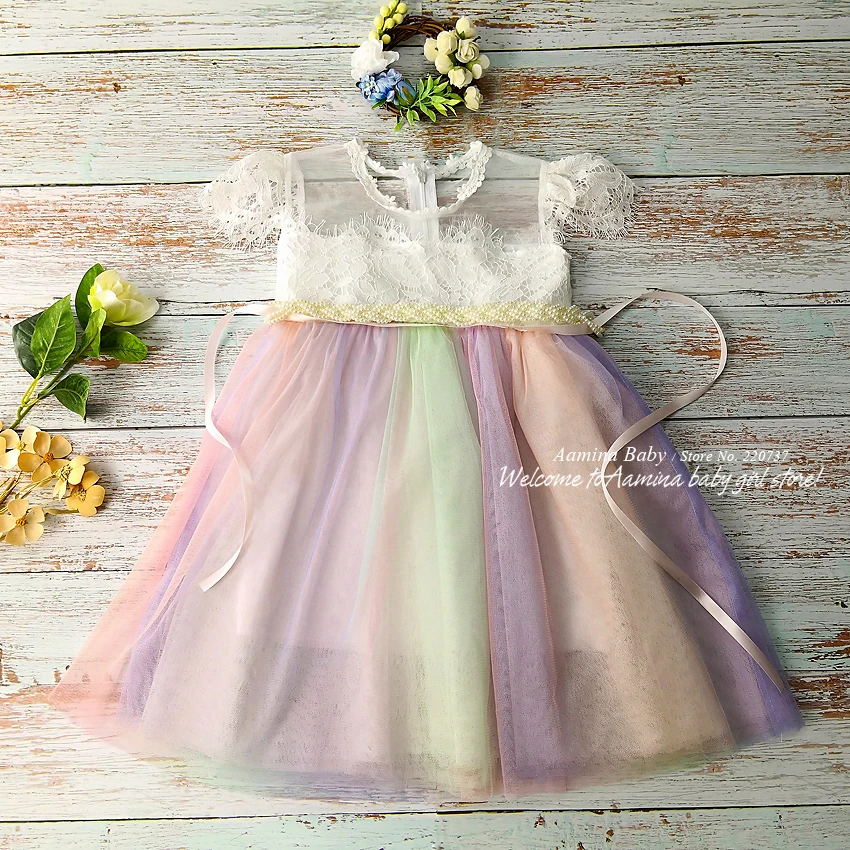 Retail Princess Rainbow Eyelash Lace Baby Girl Dresses Tutu Summer Wedding Party Kids Dress For Wholesale baby girl clothes | Детская