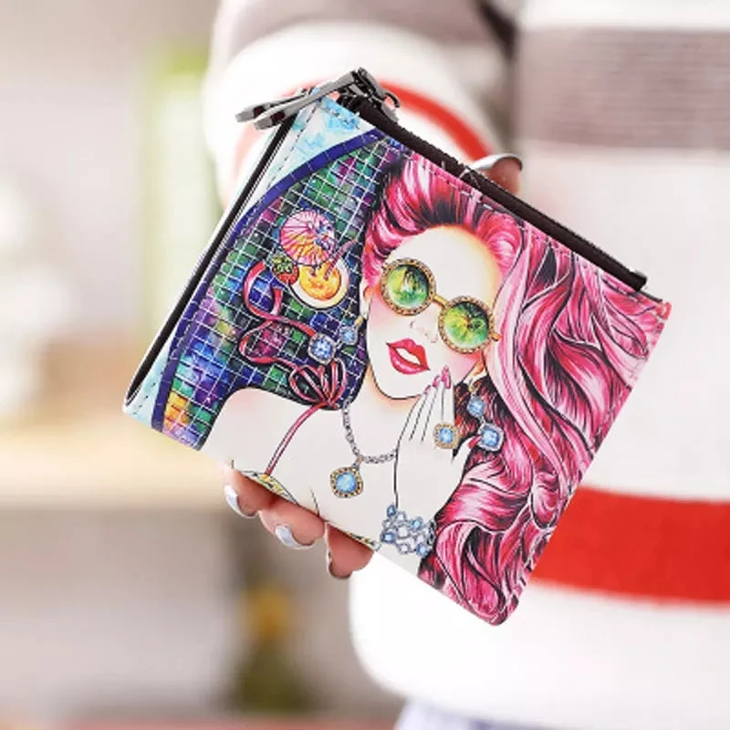 

Fashion Women's Leather Wallet Bank Card Coin Pocket Creative Cartoon Printed Double Zipper Mini Short Purse Carteira Feminina