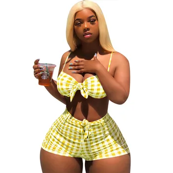 

Plaid Sexy Two Piece Short Sets Women Strap Backless Bow Tie Up Crop Top + Bodycon Shorts Streetwear Club 2 Piece Matching Set