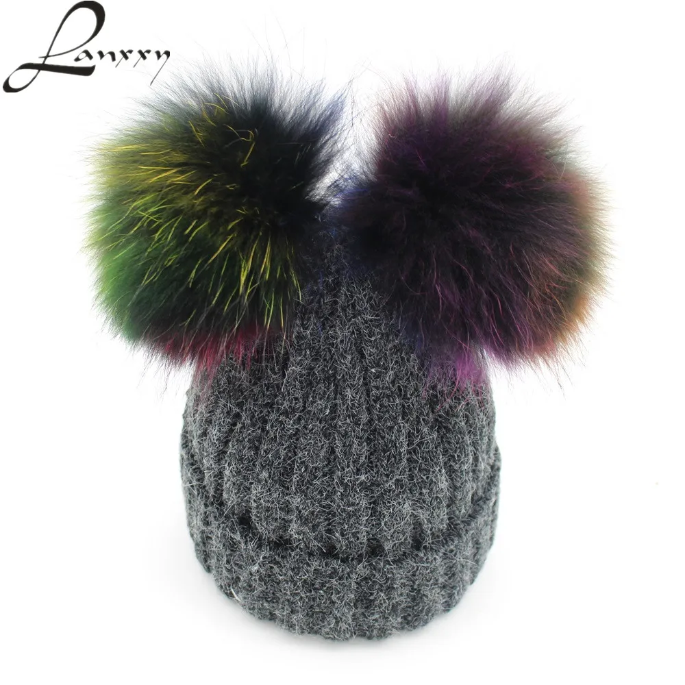 

Lanxxy New Fashion Colorful Real Mink Fur Pom Poms Hat for Women Girls Skullies Beanies Bonnet Female Cap with Two Pompom Balls