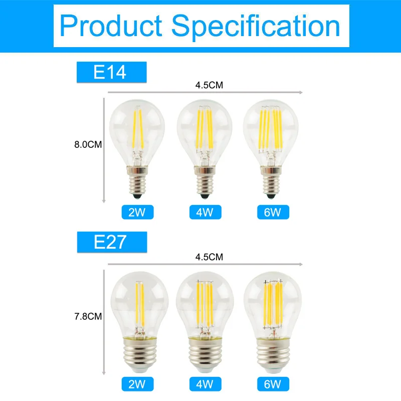 GreenEye 4 шт./лот светодиодный лампочка E27 E14 G45 AC 220 В 2 Вт 4 Вт 6 Вт Светодиодный стеклянный шар лампа Эдисона старинный Ретро Светодиодный светильник накаливания