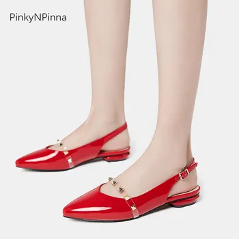 

Patent leather women slingback flats wedding red metal pyramid studs strap pointed toe ladies party office shoes size 34-43