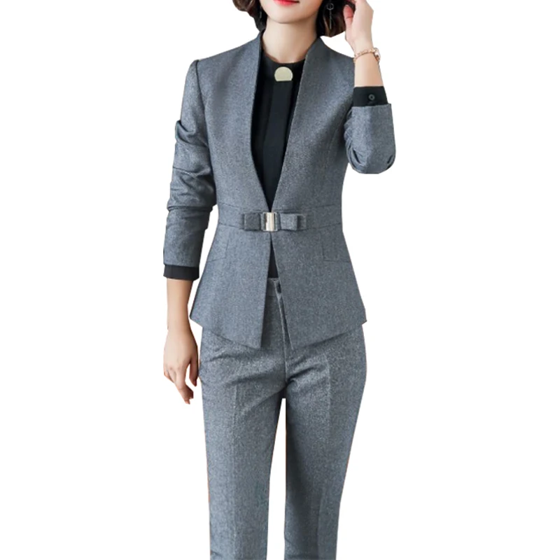 

2019 Spring Autumn Business Women 2 Piece Interview Suit Set Uniform Long-Sleeved Blazer Pencil Pant Office Lady Suits Plus 5XL
