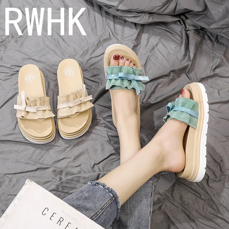 

RWHK 2019 summer new slippers girls wild open toe muffin bottom thick cuffed bow beach shoes female drag B026