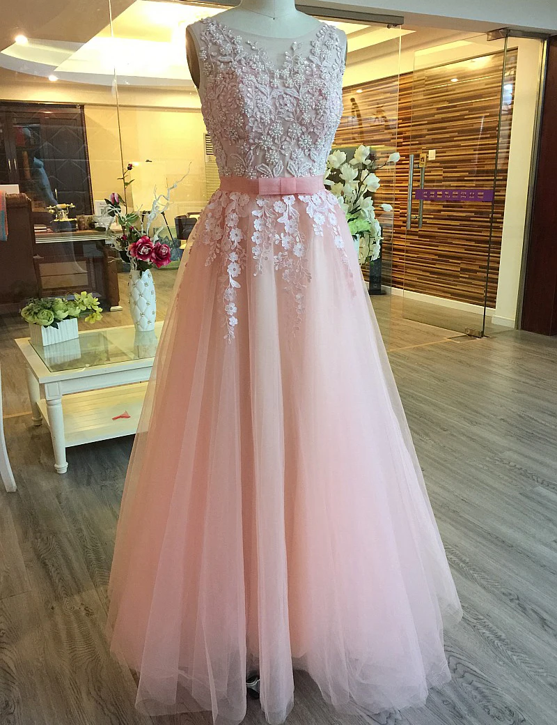 Robe De Soirée 2017 Réel A,ligne Dentelle Applique Perles Robe de Soirée Étage Longueur