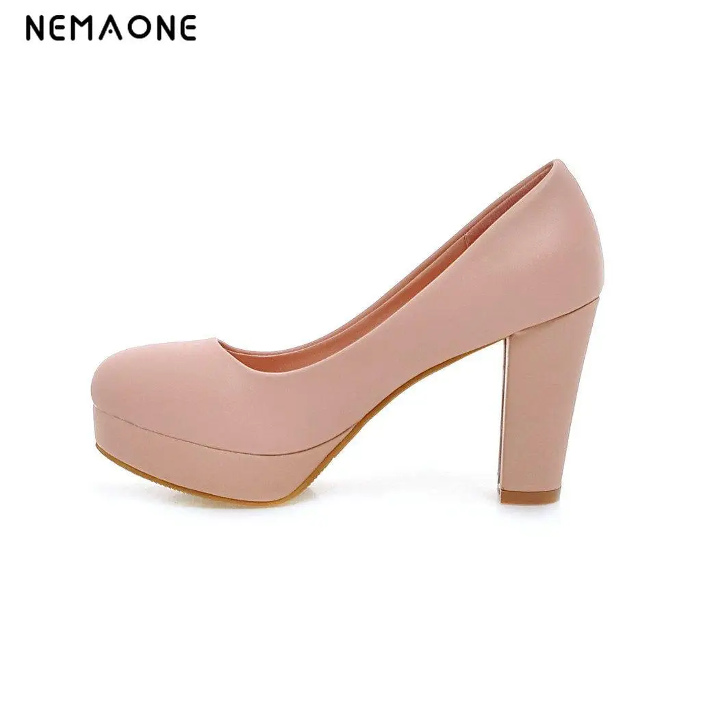 

NEMAONE big size shoes women 2017 spring round toe high heels string beads square heel pumps women shoes high heel