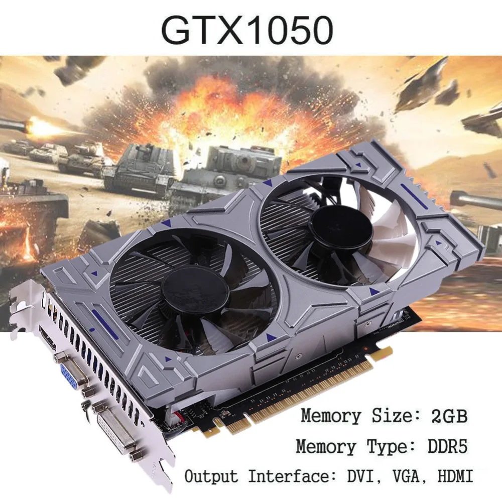 

Hot Sale GTX 1050 2GB DDR5 128Bit VGA DVI HDMI Graphics Card for NVIDIA GeForce with Dual Cooling Fans for Desktop