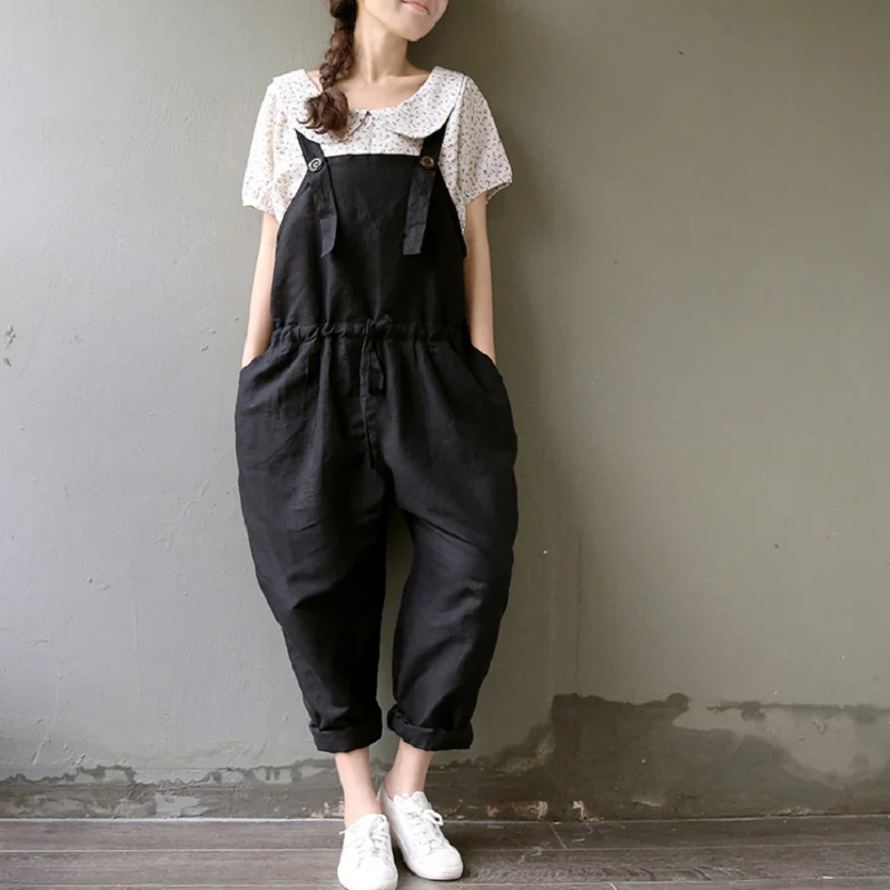 

Mori Girl Summer Autumn Plus Size Women Rompers Black Bandage Casual Loose Harem Overalls Cotton Wide Leg Jumpsuits Trousers