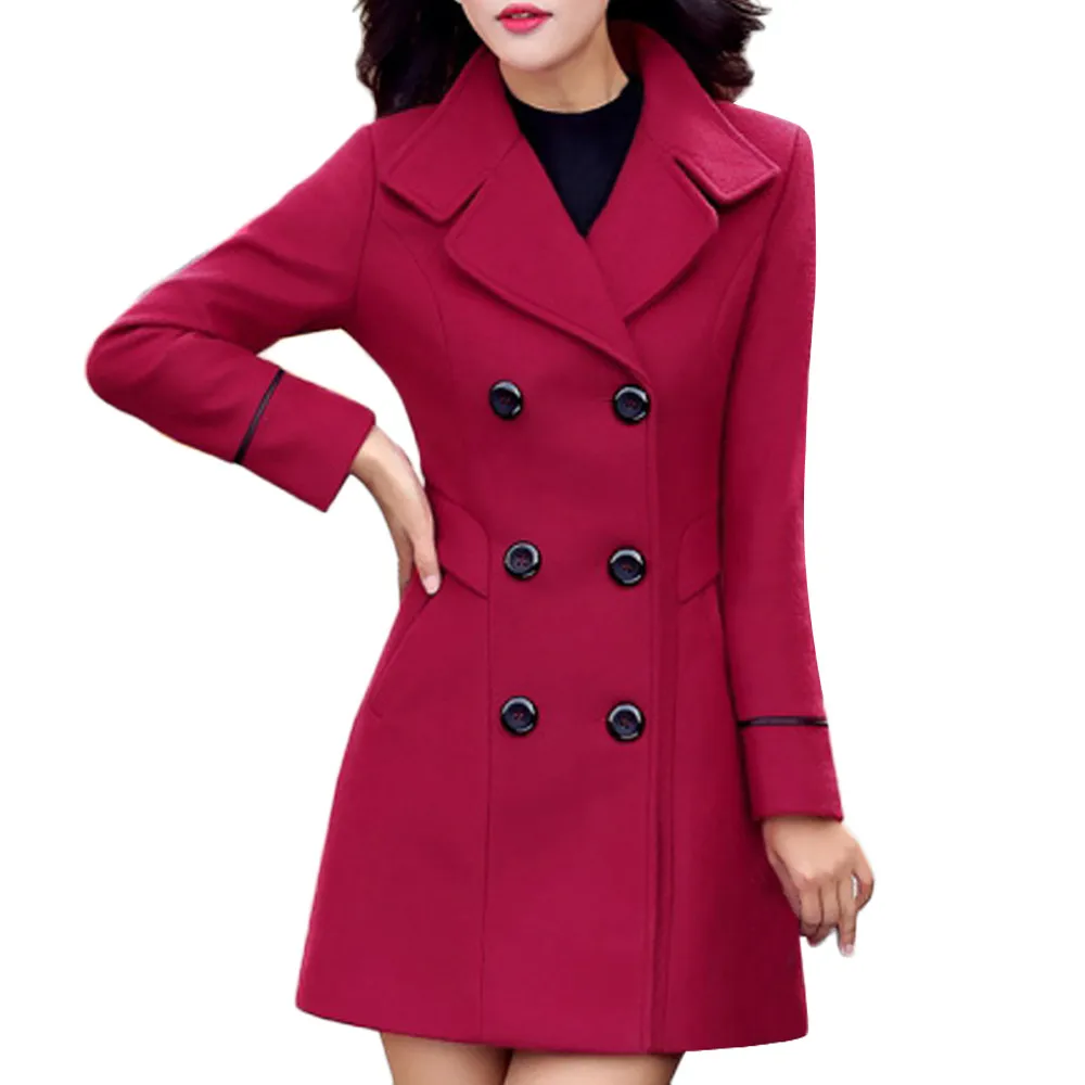 Зимнее шерстяное пальто для женщин, тонкий длинный Тренч, двубортное пальто размера плюс, ветровка для девушек с длинным рукавом, повседневные нагрудные карманы, топы - Цвет: Красный