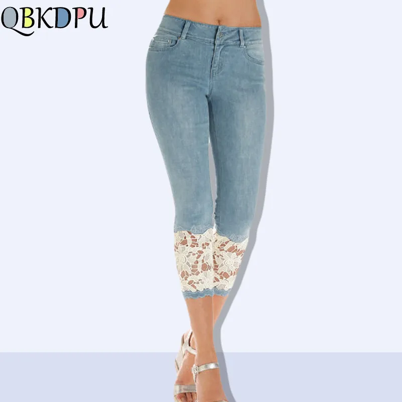 Облегающие женские летние брюки с вышивкой и кружевами, обтягивающие женские Капри, джинсы до колена, джинсовые шорты, джинсы стрейч размера плюс