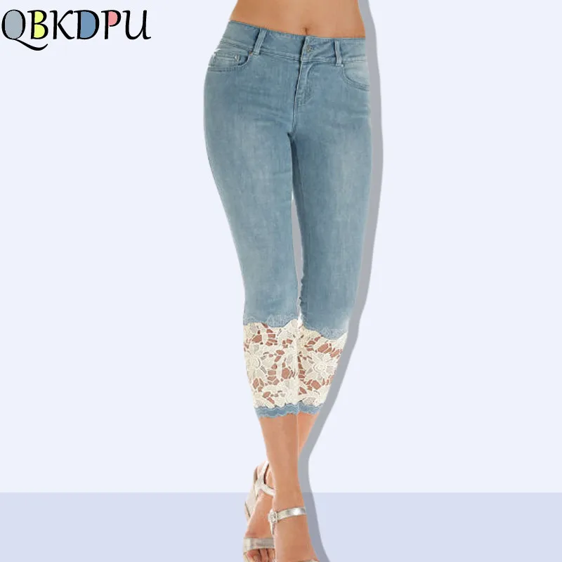 

Slim Embroidery Lace hollow Pants Female Summer Pants Skinny Women Capris Jeans Knee Length Denim Shorts Jeans Stretch Plus Size