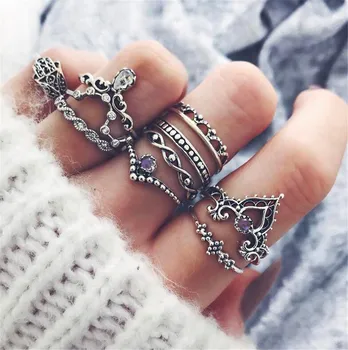 

SexeMara 10pcs/Set Bohemia Stylish Trendy Flower Crystal Rings Set Gold Silver Knuckle Finger Midi Rings for Women Party Jewelry