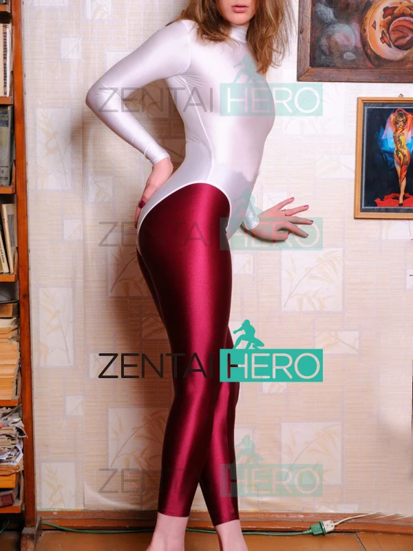 

Free Shipping Sexy Women's White&Red Catsuit Jumpsuit Two Pices Tight Zentai Long Sleeve Gymnastics Unitard Leotard Bodysuit