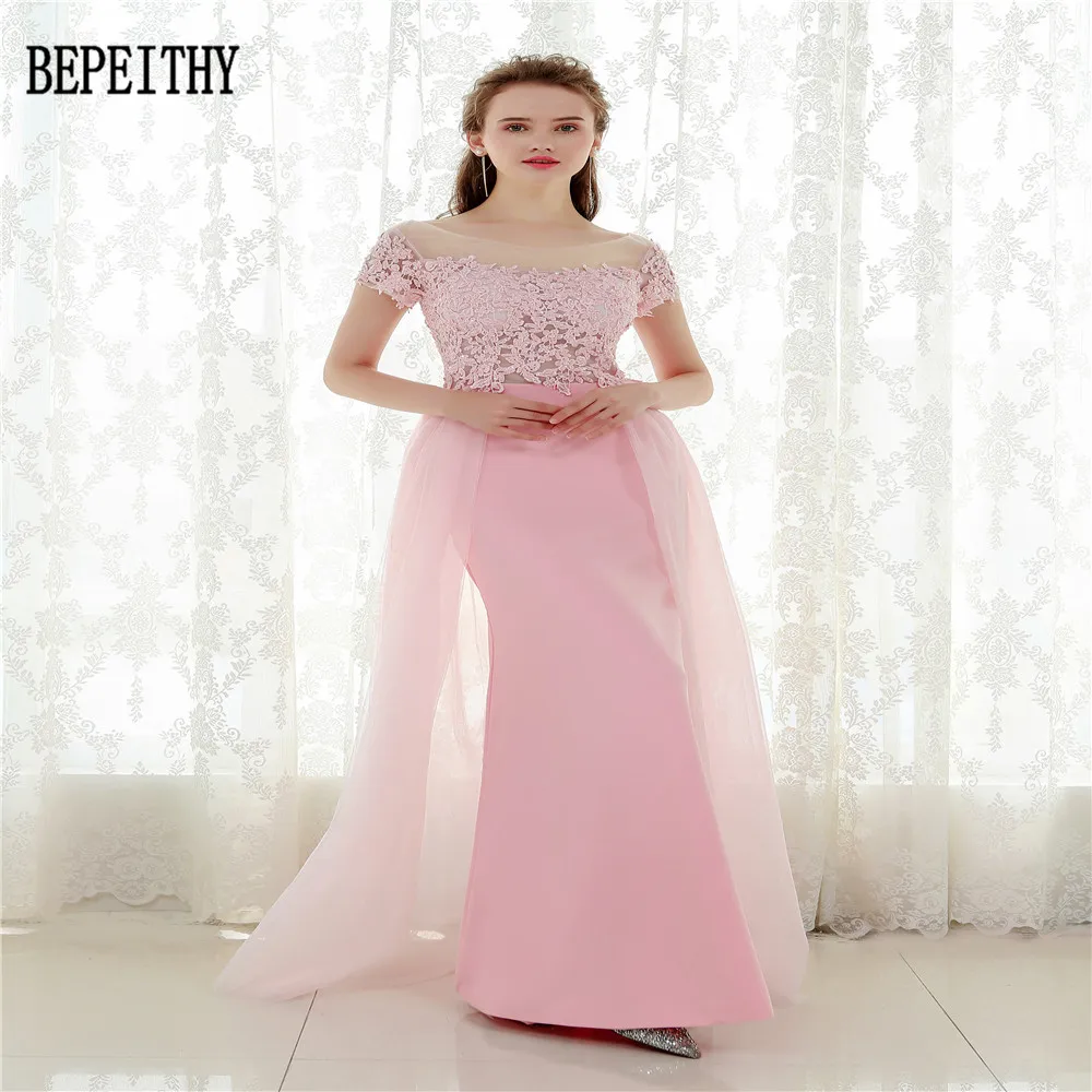 02  BEPEITHY Vestido De Festa Short Sleeves Pink Chiffon Long Prom Dresses Mermaid Evening Dress Party Elegant 2017 (6)