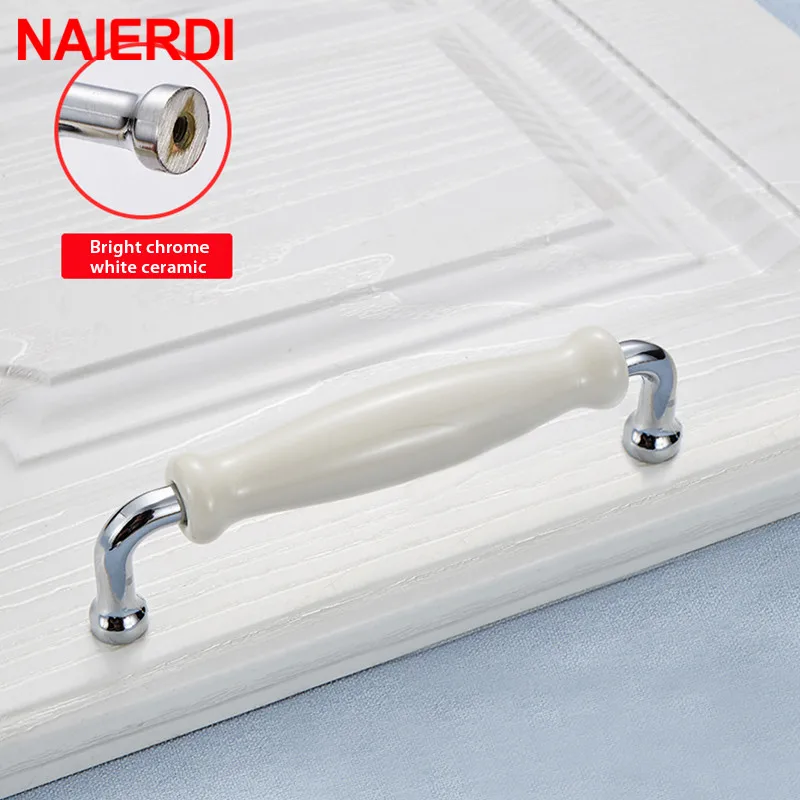 NAIERDI Modern Ceramic Cabinet Handles Zinc Alloy Drawer Knobs Bright Chrome Wardrobe Door Handles Furniture Handle 96mm/128mm images - 6