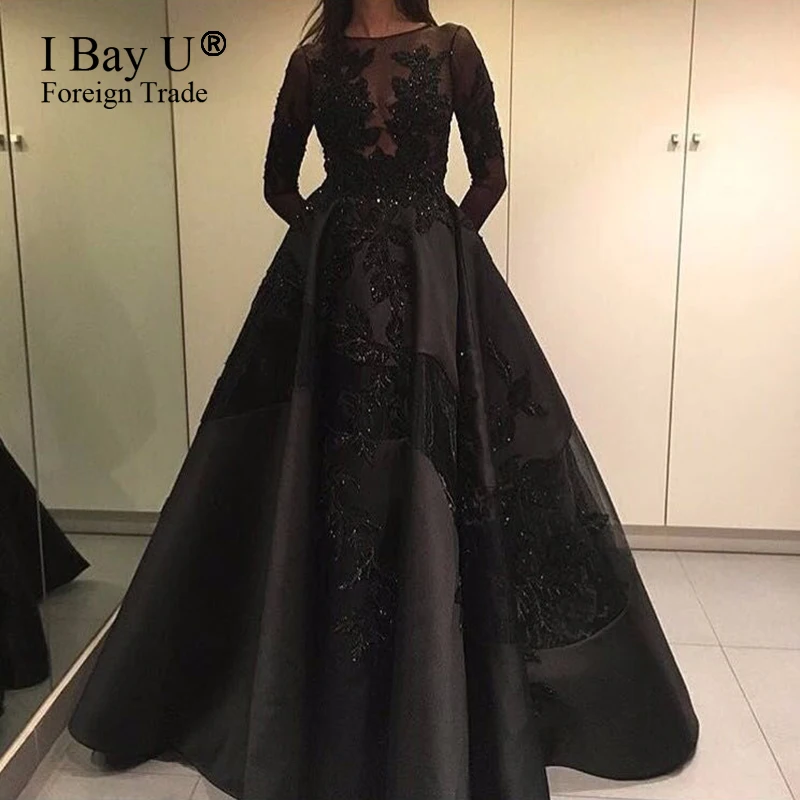 

Black Good Quality Satin Lace Appliques Puffy Ball Gown 2017 Evening Dress Arabic Long Sleeves Sequins Formal Evening Prom Dress