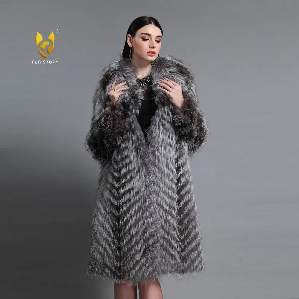

Fur Story 161159 Women's Natural Fur Coat Winter Super Warm Coats Plus Size Long Coats Silver Fox Color Real Fur Outwear