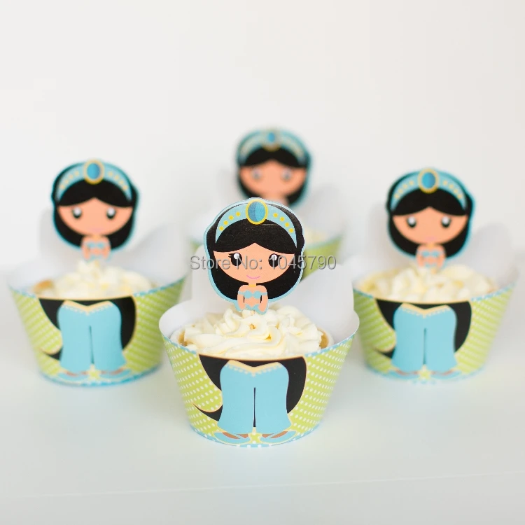 

Free Shipping 24Pcs/lot Princess Jasmine Cupcake Wrapper Birthday Party Decoration Favors With Cupcake Topper Insert Card