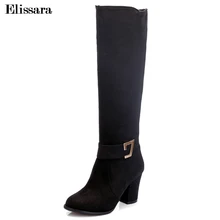 Elissara/женские сапоги до колена на высоком каблуке размера плюс 32-47 женские зимние сапоги женские сапоги до бедра на молнии с пряжкой