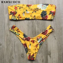 RXRXCOCO бикини,, цветочный бандо, бикини, купальник для женщин, без бретелек, желтый, с высокой посадкой, купальник, пуш-ап, Бразильское бикини, пляжная одежда