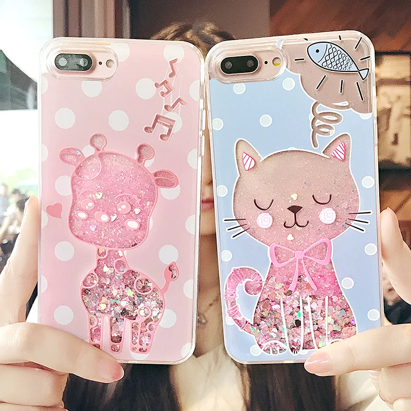 

3D Cute Cat Giraffe case For iPhone 6 case 6S Glitter Dynamic Colorfu Flamingo Quicksand Gift Phone Case for iPhone 7 Case 7plus