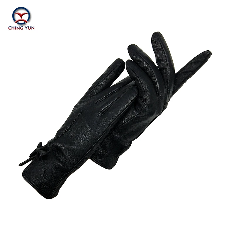 

CHINGYUN New Women's Gloves Genuine Leather Buckskin gloves Winter Woman Soft Female Warm Lining High-quality Black bow Mittens