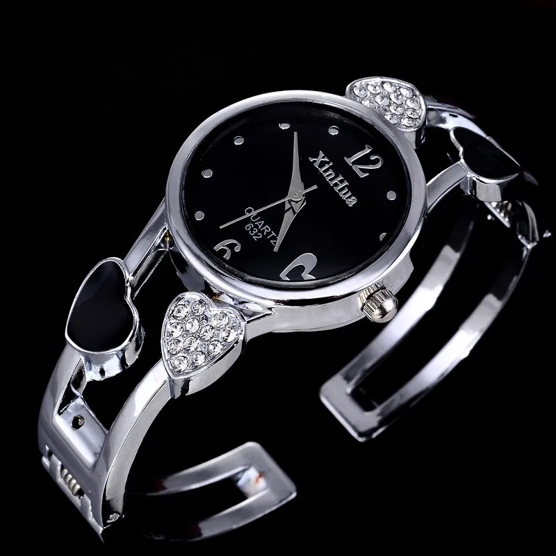 2017 Xinhua Fashion Watches Women Stainless Steel Bracelet Bangle Flower Lover Heart Shape Wristwatches Female Clock