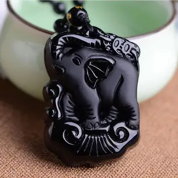 

LYGLICUN Natural Stone Obsidian Pendant Bead Necklace Black A Carved Elephant Fine Carving Polishing Lucky for Men Women