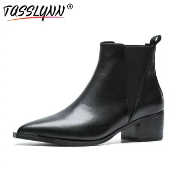 

TASSLYNN 2019 Women Boots Pointed Toe Polyurethane Autumn Woman Shoes Ankle Boots Elastic Band Square High Heels Shoes 34-39