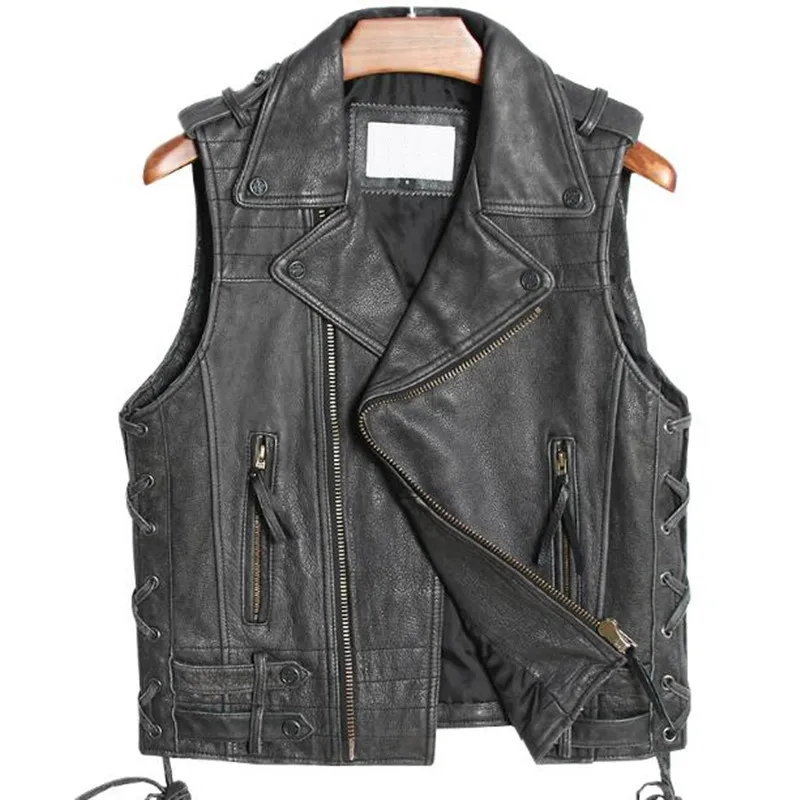Genuine Leather Vest Men Motorcycle Rider Motor Male Real Cowhide