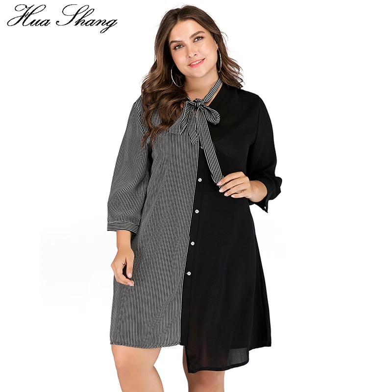 

Plus Size Shirt Dress 2019 Summer Women V Neck Striped Print Patchwork Black Short Mini Dress Loose Oversized Irregular Dresses