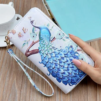 

Women Long Wallet Fashion Peacock Printing Wristband Female Zipper Luxury Ladies Clutch Bag Card Holder Cell Phone Bag
