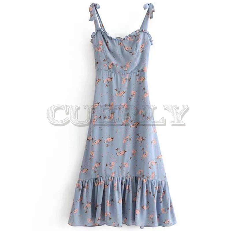 Image Summer Dress 2019 Women Prairie Chic Floral Print Dress Lady Sexy Sleeveless Ruffle A line Sling Long Dress