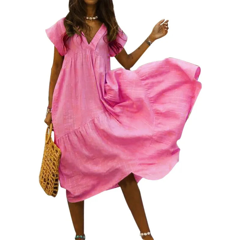 Пляжное платье Летняя женская Повседневная Длинная юбка с v-образным вырезом однотонные женские туники пляжные модные футболки с короткими рукавами Mujer пляжная одежда - Цвет: Розовый