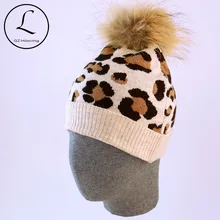 Женская зимняя шапка с меховой вязаный шарик помпон шапка осень зима шерсть вязаные шапочки леопардовая вязаная шапка с помпоном