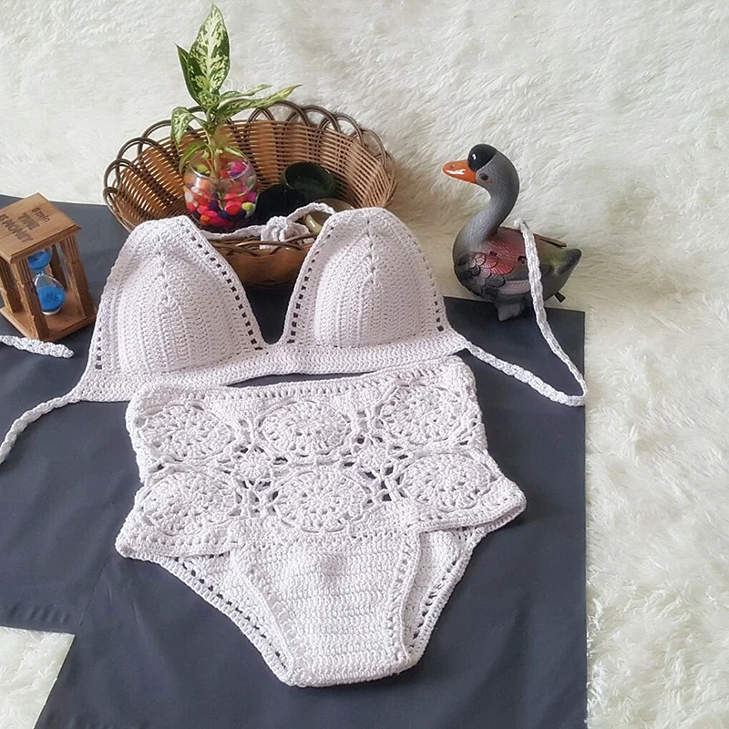 Handmade Crochet Bikini Knitting Swimsuit Hollow Sexy Knitted Beach Women Swimwear High Waist Triangle Secret  (2)