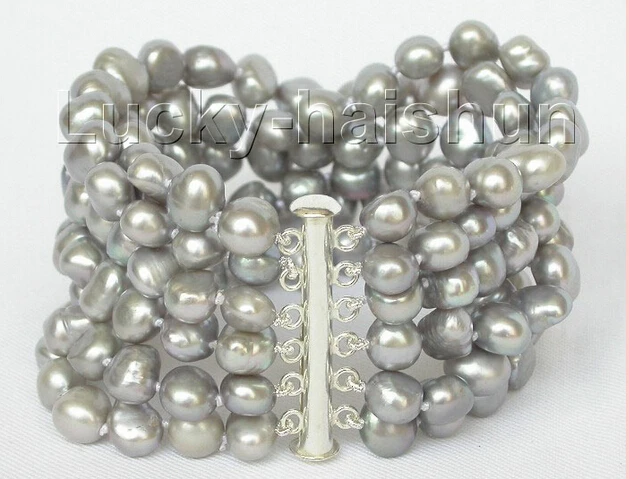 

Fast shipping8" 6row 9mm baroque Gray pearls bracelet bangle magnet clasp j8830 Natural >>free shipping